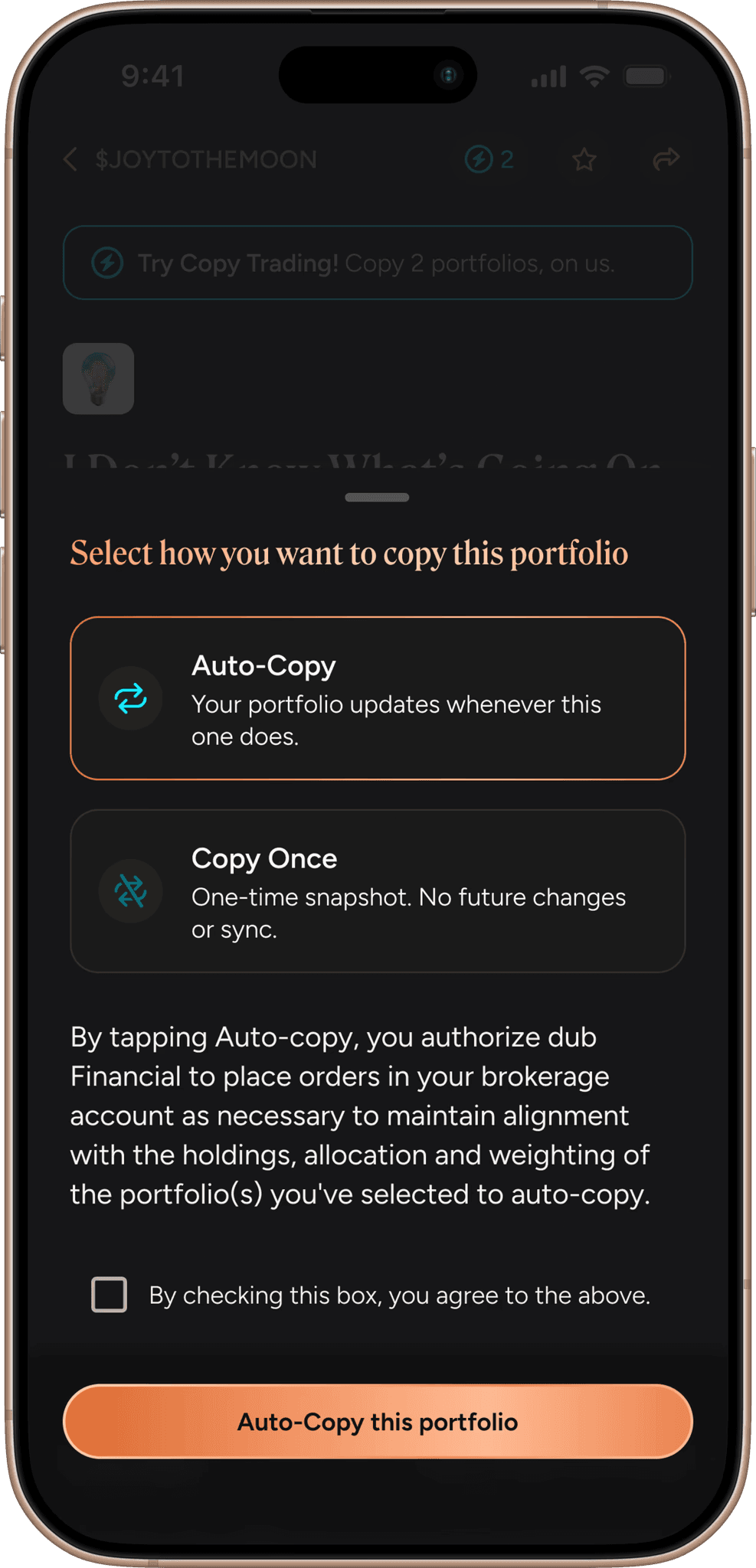 dub mobile app screen to autocopy a portfolio